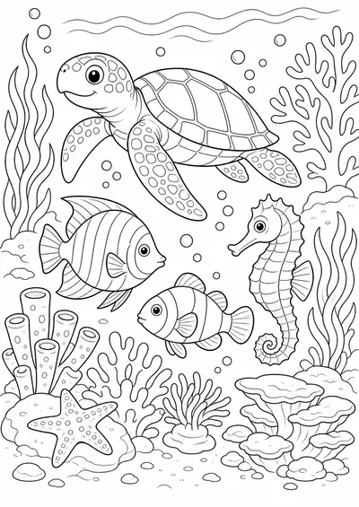 Detailed coral reef animals printable coloring page for kids ages 9-10