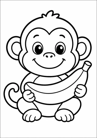 Simple monkey with banana animal coloring page for kids ages 3-5