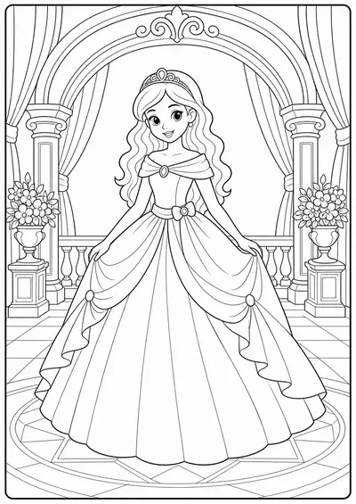 Detailed fashion doll ball gown printable Barbie coloring page for kids ages 9-10
