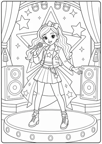 Detailed fashion doll pop star stage printable Barbie coloring page for kids ages 9-10