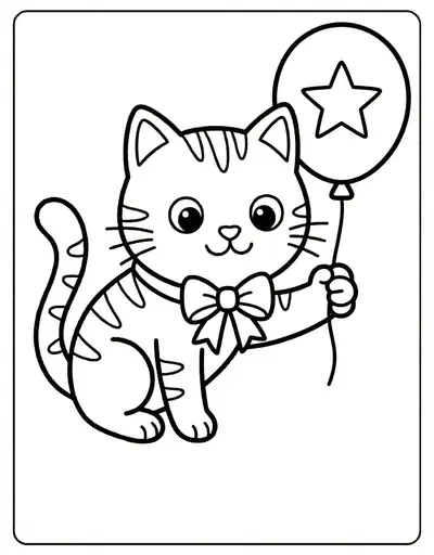 Simple cat holding balloon coloring page for kids age 3-5