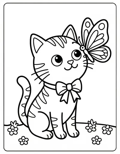 Simple cat with butterfly coloring page for kids age 3-5