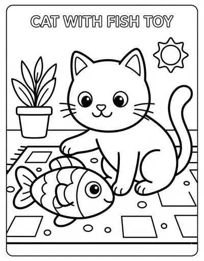 Simple cat with fish toy coloring page for kids age 3-5
