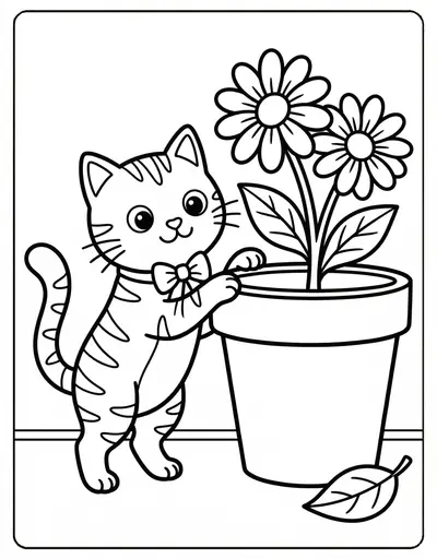 Simple cat by flower pot coloring page for kids age 3-5