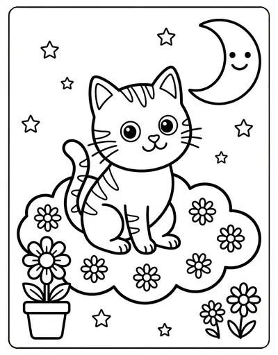 Simple cat and crescent moon coloring page for kids age 3-5