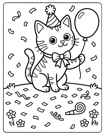 Simple cat in party hat coloring page for kids age 3-5