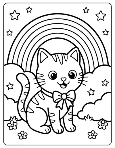Simple cat with rainbow coloring page for kids age 3-5