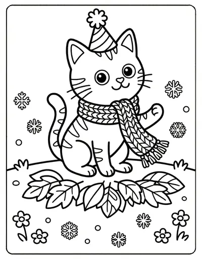 Simple cat with scarf coloring page for kids age 3-5