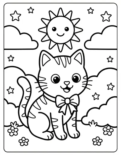 Simple cat under sun and cloud coloring page for kids age 3-5
