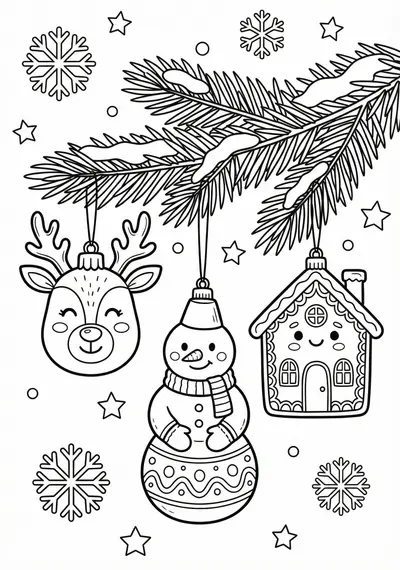 Christmas ornaments on branch coloring page for kids age 6-8
