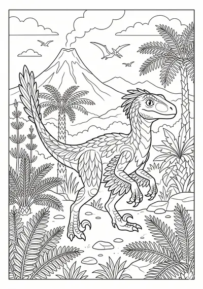 Detailed Velociraptor in prehistoric jungle dinosaur coloring page for kids age 9-10