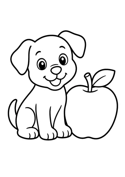 Simple puppy with an apple printable coloring page for kids ages 3-5