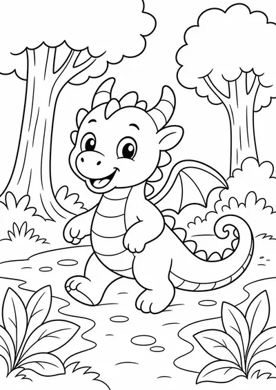 dragon in forest printable dragon coloring page for kids ages 6-8
