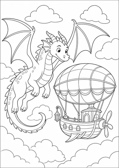 dragon and airship printable dragon coloring page for kids ages 9-10