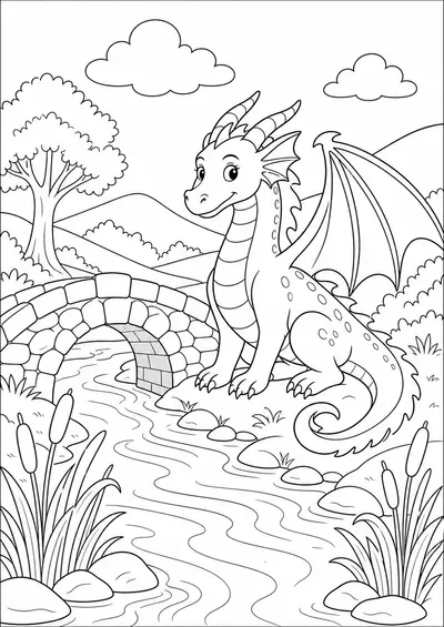 dragon river bridge printable dragon coloring page for kids ages 9-10