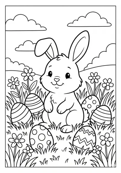 Bunny sitting in grass with decorated eggs Easter coloring page for kids age 6-8