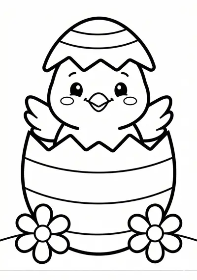 Chick peeking Easter coloring page for kids age 3-5, thick outlines