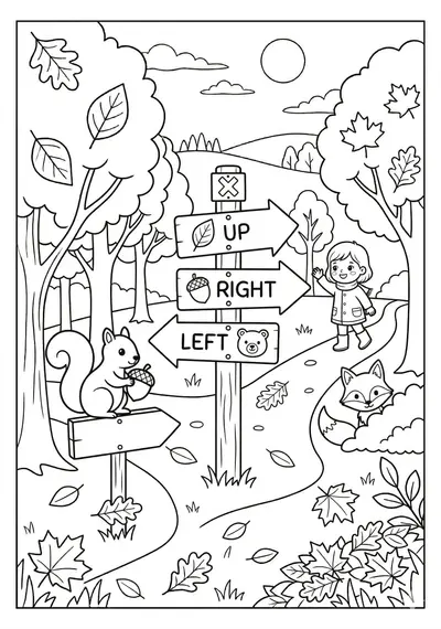 Fall forest trail signs coloring page for kids age 6-8