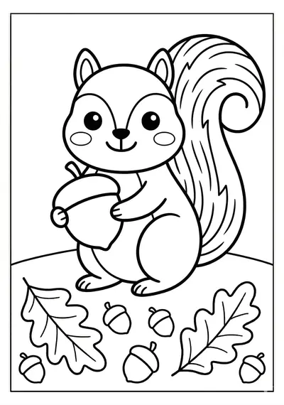 Fall squirrel with acorn coloring page for kids age 3-5
