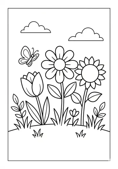 Garden corner with flowers flower coloring page for kids age 6-8