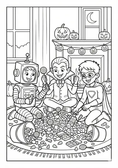 Candy and costumes Halloween coloring page for kids age 9-10