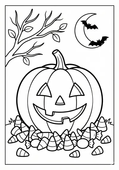 Candy corn and pumpkin Halloween coloring page for kids age 6-8