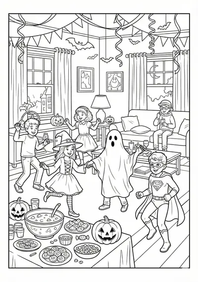 Halloween party scene coloring page for kids age 9-10