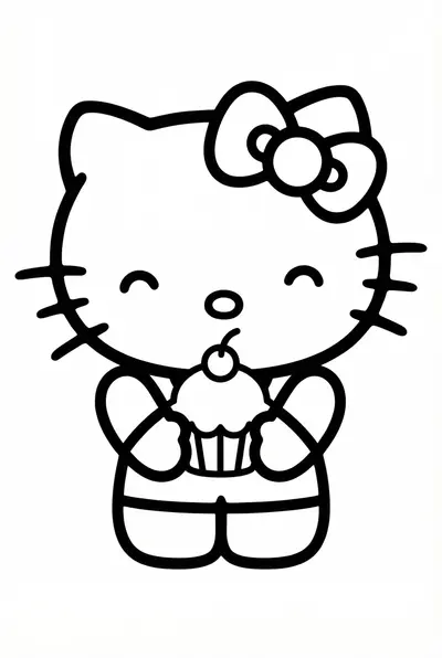 Hello Kitty with cupcake coloring page for toddlers age 3-5