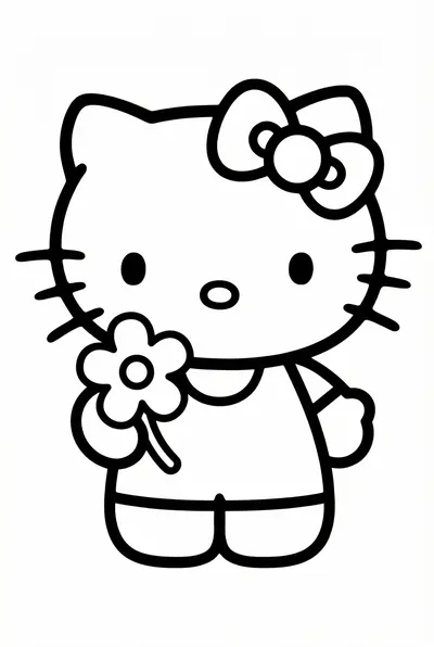 Hello Kitty with one simple flower coloring page for toddlers age 3-5