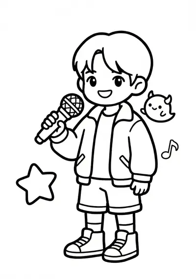 Happy chibi Kpop Demon Hunter close-up portrait with one tiny mascot spirit coloring page for toddlers age 3-5, big white spaces