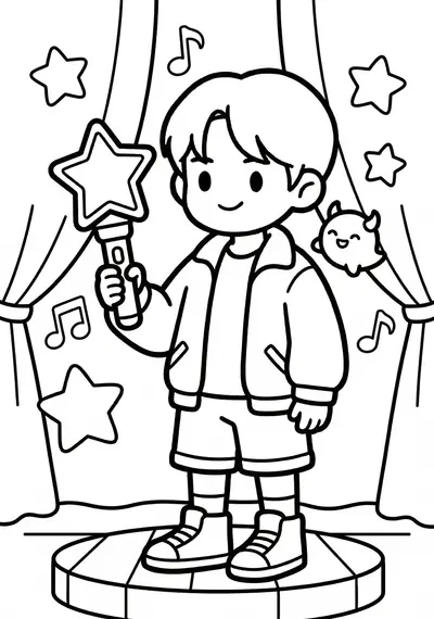 Kpop Demon Hunter pointing a lightstick at one floating cute spirit coloring page for preschool age 3-5, very thick lines
