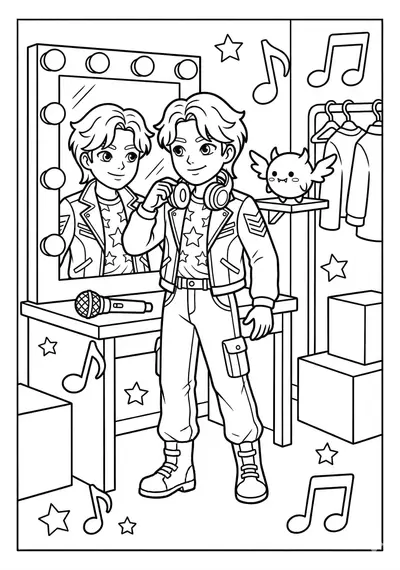 Kpop Demon Hunter backstage with simple dressing room mirror and one tiny spirit coloring page for kids age 6-8