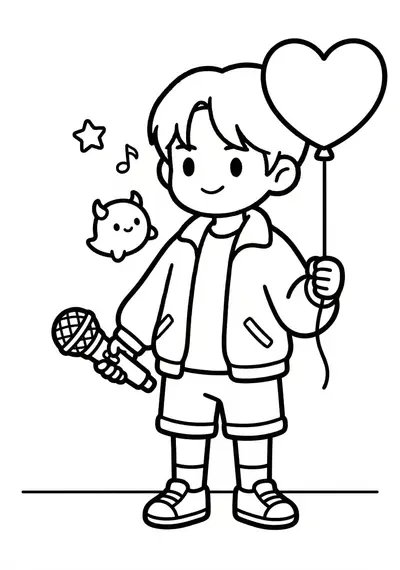 Simple Kpop Demon Hunter holding a heart-shaped balloon and magic lightstick coloring page for kids age 3-5, thick bold outlines