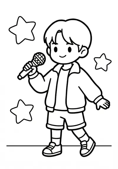 Very simple Kpop Demon Hunter dance pose holding a microphone with large shapes coloring page for toddlers age 3-5