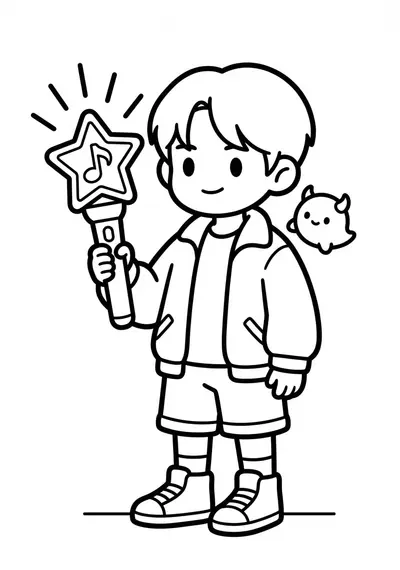 Very simple Kpop Demon Hunter standing and holding a magic lightstick coloring page for kids age 3-5, very thick outlines and large shapes