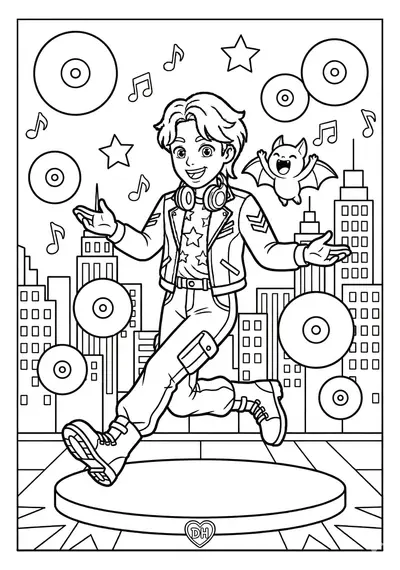 Kpop Demon Hunter posing while simple record discs and music notes float around with one spirit coloring page for kids age 6-8