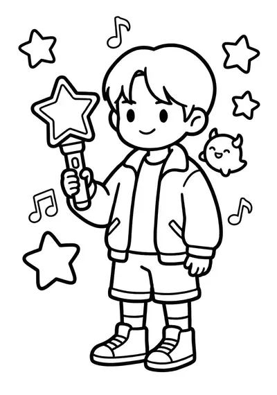 Simple Kpop Demon Hunter holding microphone with a few big stars and music notes around coloring page for kids age 3-5