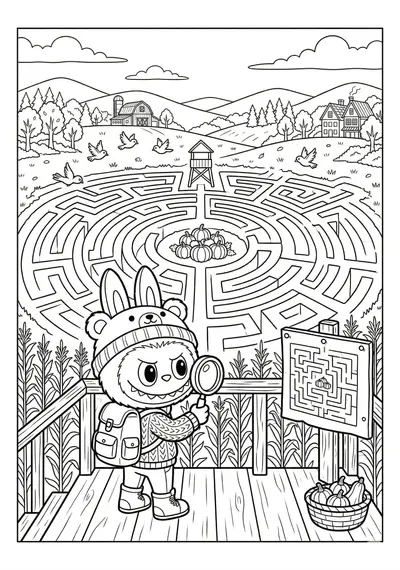 Labubu corn maze overlook with labubu coloring page for kids age 9-10
