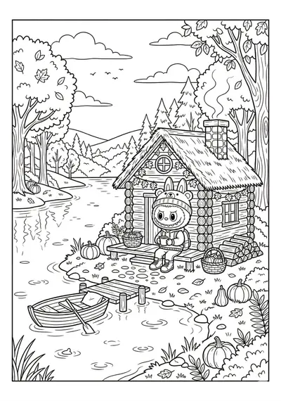 Labubu cozy cabin by lake with labubu coloring page for kids age 9-10