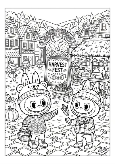 Labubu harvest festival square scene coloring page for kids age 9-10