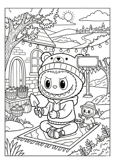 Labubu labubu at harvest market coloring page for kids age 6-8