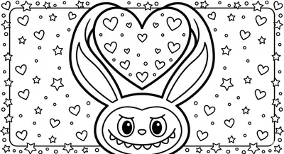 Labubu labubu ears and heart coloring page for kids age 3-5