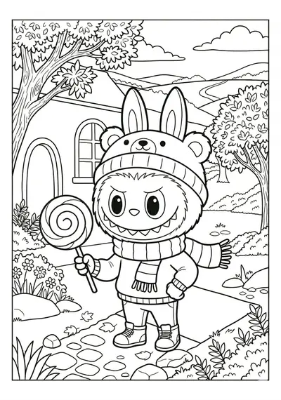 Labubu labubu holding lollipop coloring page for kids age 6-8