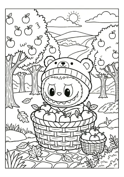 Labubu labubu in apple orchard basket coloring page for kids age 6-8