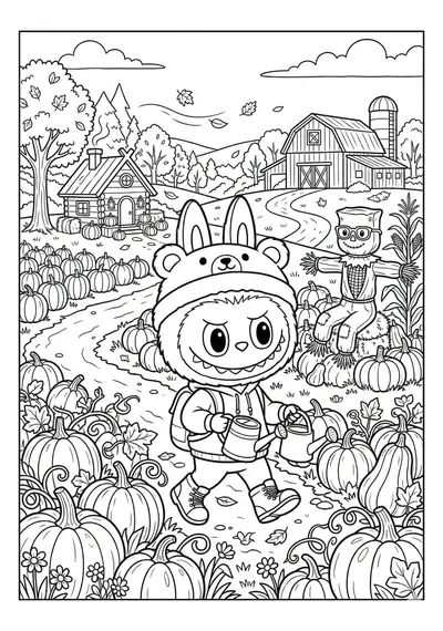 Labubu pumpkin patch panorama with labubu coloring page for kids age 9-10