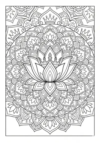 Mandala layered lotus crown coloring page for kids age 9-10