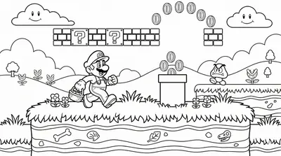 Mario mario in grass platform coloring page for kids age 6-8