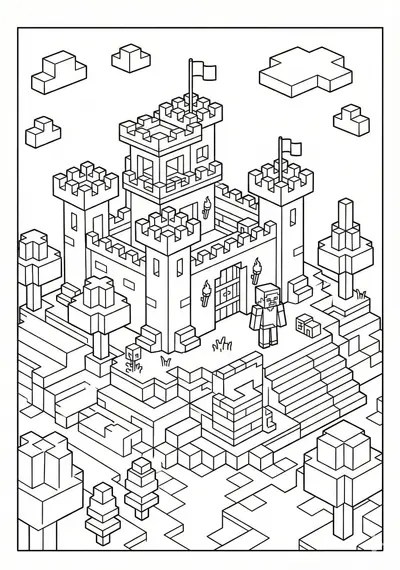 Block fort and trees Minecraft coloring page for kids age 9-10