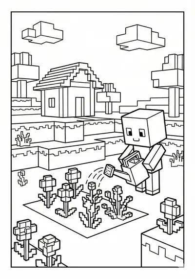 Block garden scene Minecraft coloring page for kids age 6-8
