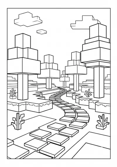Block trees and path Minecraft coloring page for kids age 6-8